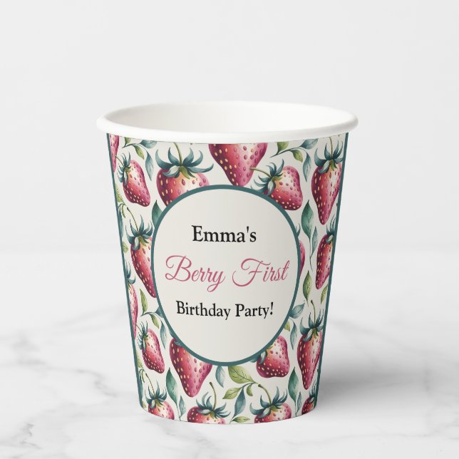 Berry Pink Green Strawberry Name Party Pappbecher (Vorderseite)