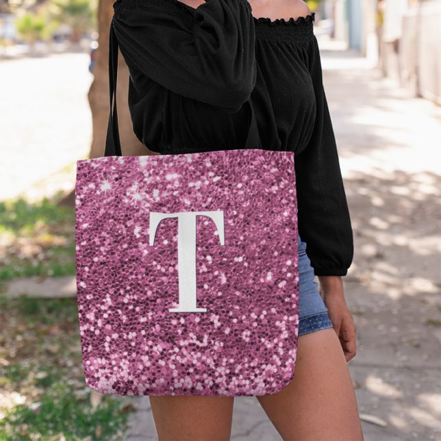 Berry Pink Imitats Glitzer Bokeh Glitzern Monogram (Berry Pink Faux Glitter Bokeh Sparkles Monogram Tote Bag)