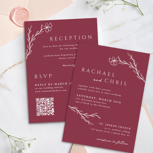 Berry Pink Red Simple Botanal Floral QR Code Einladung (Von Creator hochgeladen)