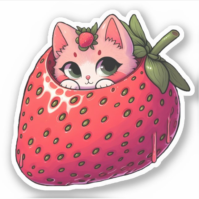Berry Purfection: Rosa Katze Inside a Strawberry Aufkleber (Vorderseite)