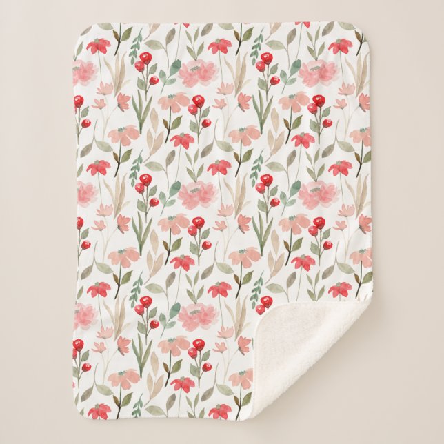 Berry Red Blush Pink Blumenmuster Sherpadecke (Vorderseite)
