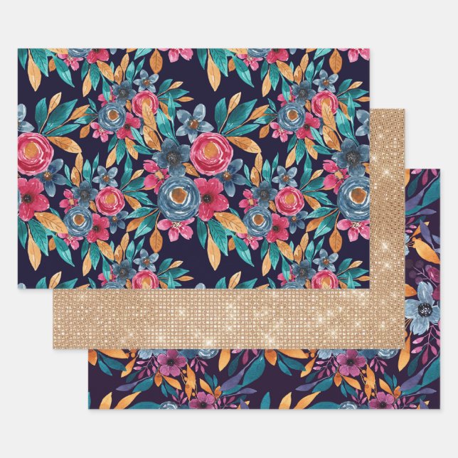 Berry Red Navy Mustard Watercolor Blume Art Geschenkpapier Set (Set)