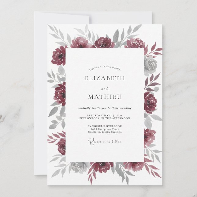 Berry Silber Pfingstrosen-Hochzeit Einladung (Vorderseite)