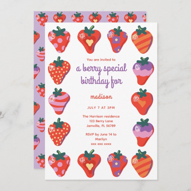 Berry Special zum Geburtstag Einladung - Pflaume (Vorne/Hinten)