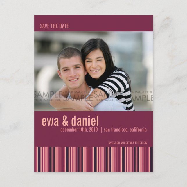 Berry Stripes: Save the Date Foto Postkarte (Vorderseite)