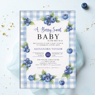 Berry süße Gingham-Blau Cottage Style Babyparty Einladung
