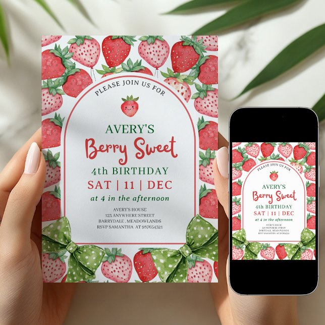 Berry Sweet 4th Birthday Strawberry Invitation Einladung (Von Creator hochgeladen)