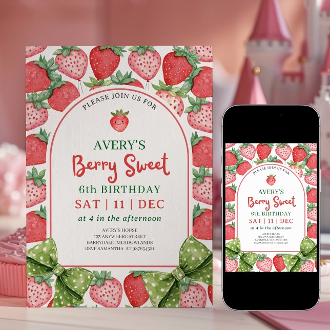 Berry Sweet 6th Birthday Strawberry Invitation Einladung (Von Creator hochgeladen)