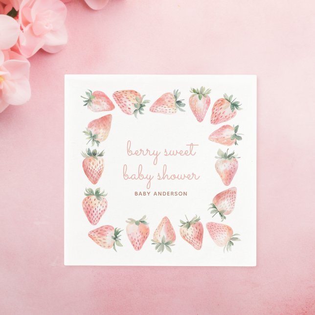 Berry Sweet Baby Dusche Pink Coquette Strawberry Serviette (watercolor strawberry pink coquette berry sweet baby shower napkin design)