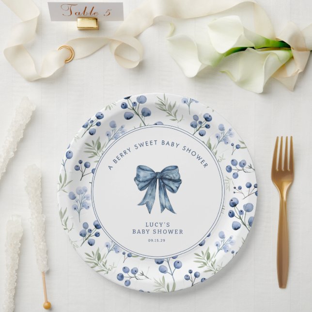 Berry Sweet Baby Shower Blueberry Bow Pappteller (Hochzeit)