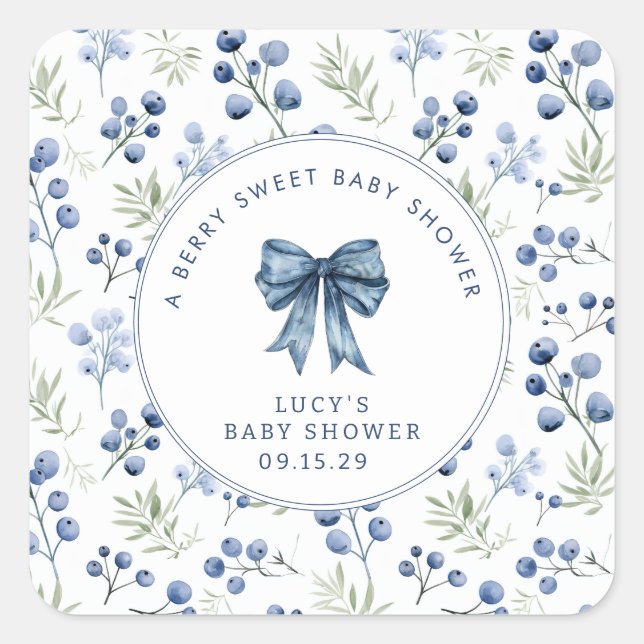 Berry Sweet Baby Shower Blueberry Bow Quadratischer Aufkleber (Vorderseite)