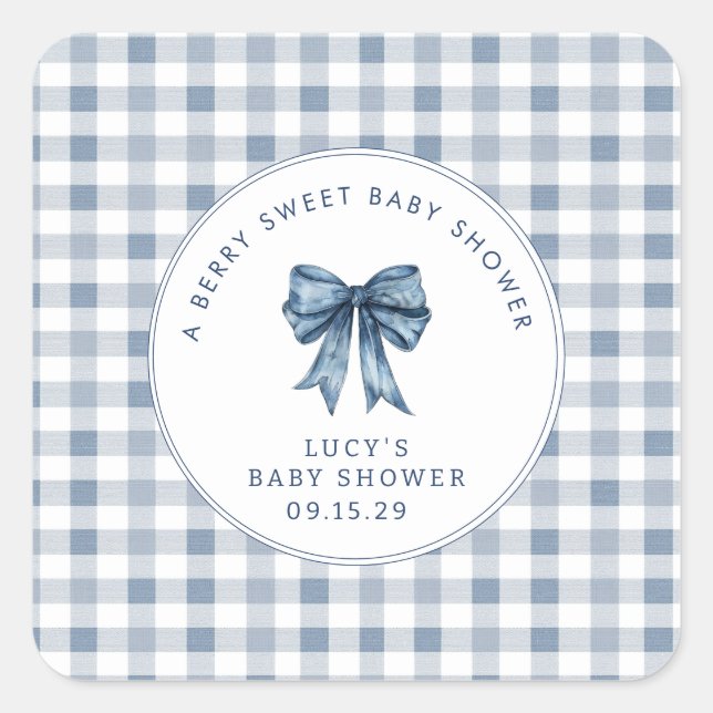 Berry Sweet Baby Shower Blueberry Bow Quadratischer Aufkleber (Vorderseite)