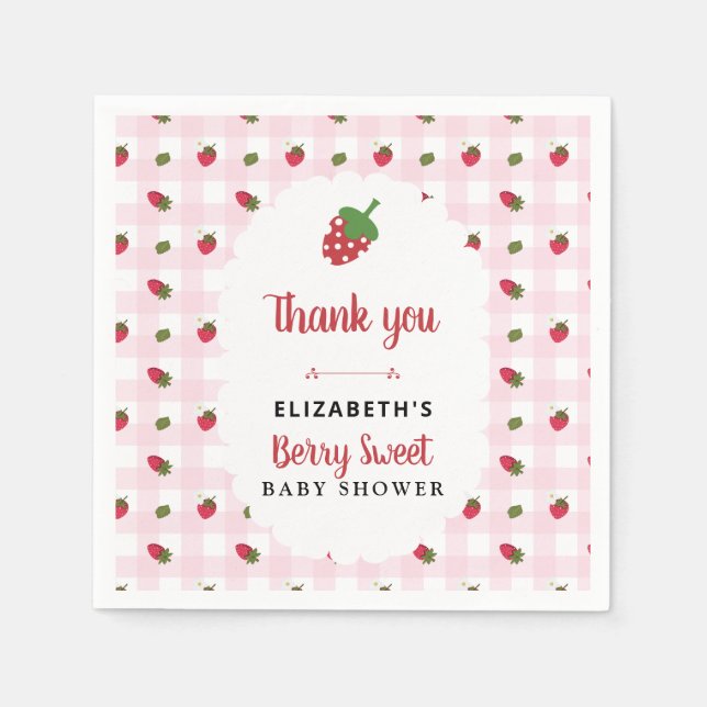 Berry Sweet Baby Shower Erdbeer Gingham Serviette (Vorderseite)
