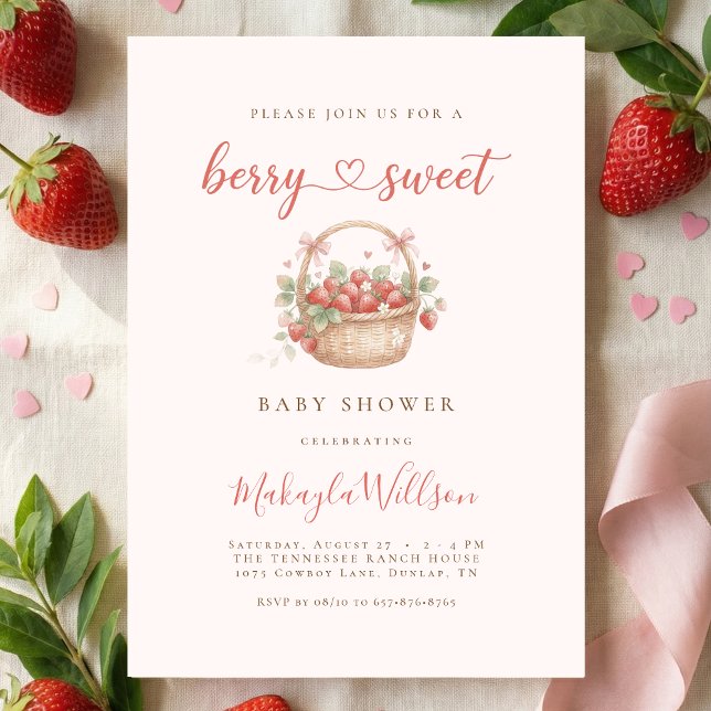 Berry Sweet Baby shower Strawberry Coquette  Einladung (Von Creator hochgeladen)
