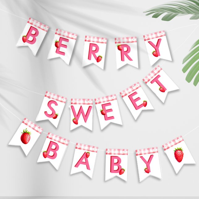 Berry Sweet Baby Shower Strawberry Gingham Pink Wimpelkette (Berry Sweet Baby Shower New Baby bunting flag strawberry gingham pink red retro vintage picnic decor)
