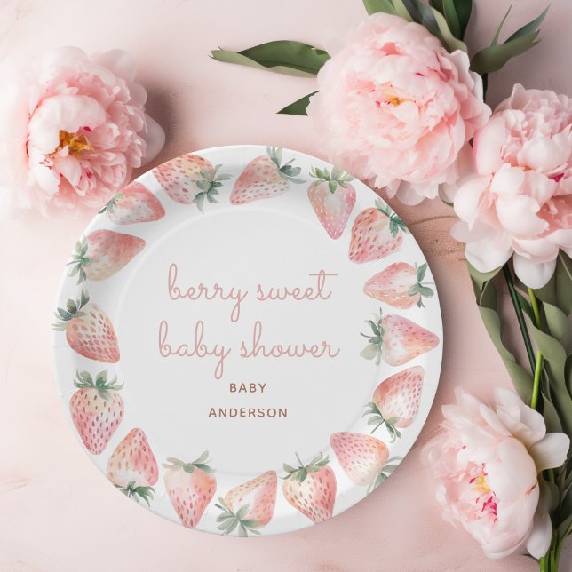 Berry Sweet Baby Shower Strawberry Party Pappteller (Berry sweet baby shower paper plate with cute watercolor strawberry illustrations)