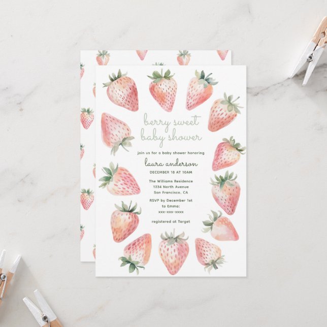 Berry Sweet Baby Shower Watercolor Strawberries In Einladung (Vorderseite/Rückseite Beispiel)