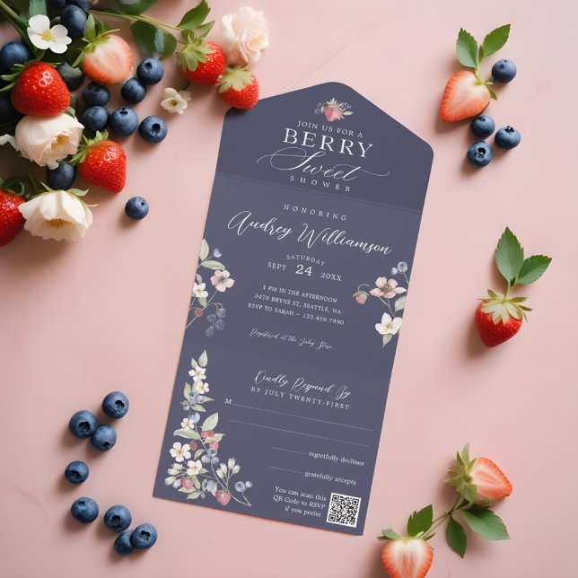 Berry Sweet Baby Shower Wilde Berries & Blume All In One Einladung (Berry Sweet Baby Shower Wild Berries & Flowers All In One Invitation)