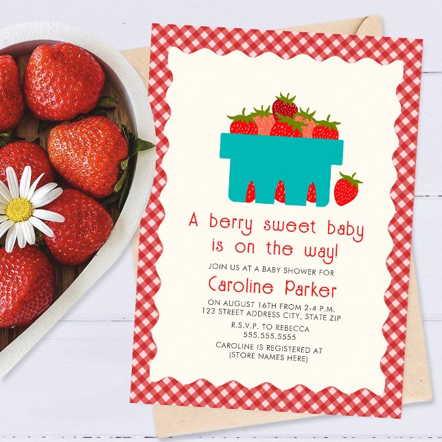 Berry Sweet Baby Strawberry Basket Gingham  Einladung (Von Creator hochgeladen)