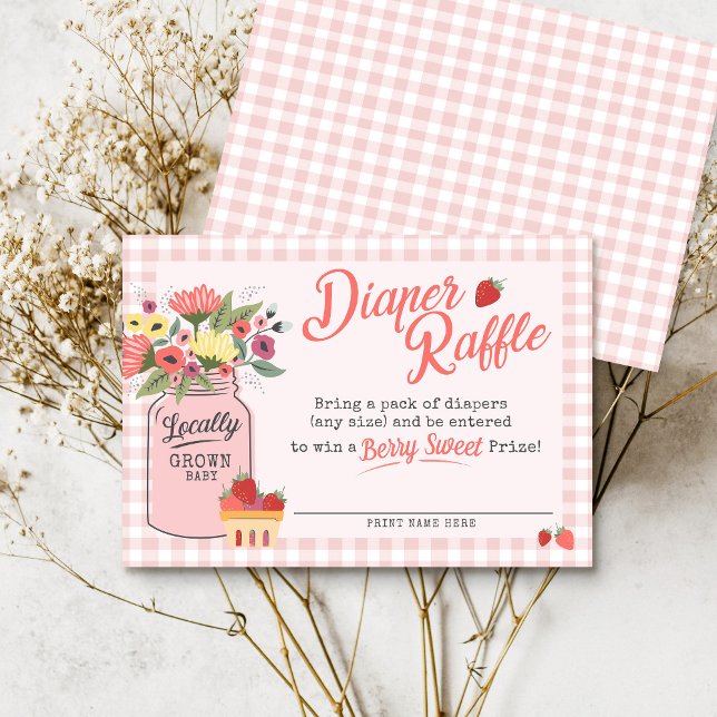 Berry Sweet Bauern Market Duwer Diaper Raffles Begleitkarte (Pink gingham Farmers Market Locally Grown Mason Jar floral berry sweet baby shower diaper raffle)