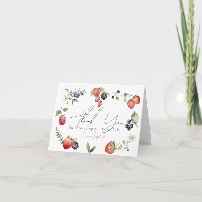 Berry Sweet Berries Watercolor Girl Baby Shower Dankeskarte (Vorderseite)