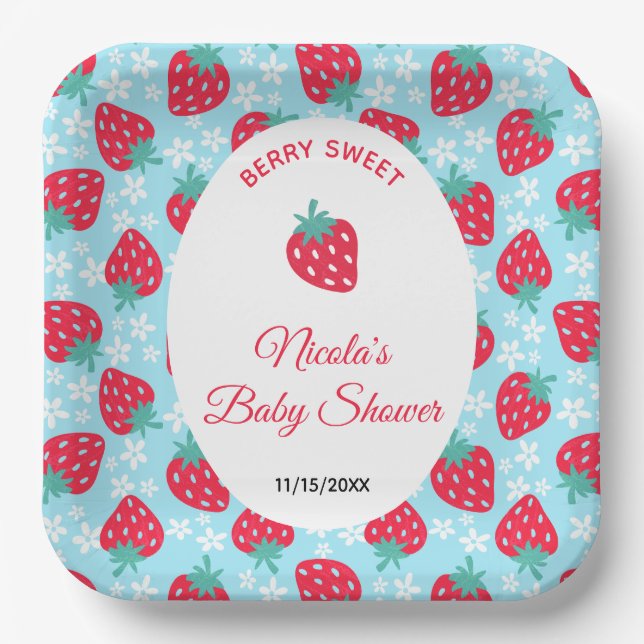Berry Sweet Blue Strawberry Baby Shower Pappteller (Vorderseite)