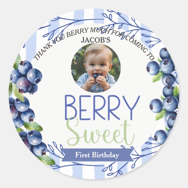 Berry Sweet Blueberry Birthday Foto Runder Aufkleber (Vorderseite)