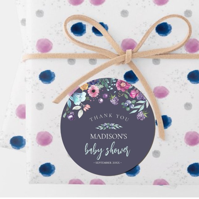 Berry Sweet Blueberry & Blume Babydusche Runder Aufkleber (#blueberry #babyshower #navy #winterbabyshower #blueberrysticker #blueberryfavor)