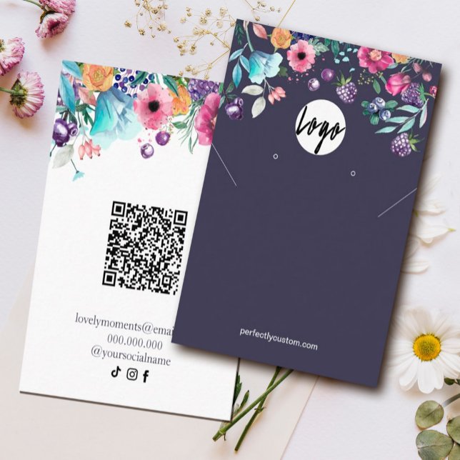 Berry Sweet Blueberry & Blume Earing Display Visitenkarte (Blueberry & Flowers Earring Display
#blueberry#springbloomflower#wildflowers #qrcode#navy #favorgift)