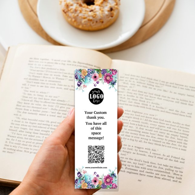 Berry Sweet Blueberry & Blume Lesezeichen Card Mini Visitenkarte (Berry Sweet Blueberry & Flowers #floralbookmark #flowersbookmark #qrcode #addlogo #pinkandturquoise)