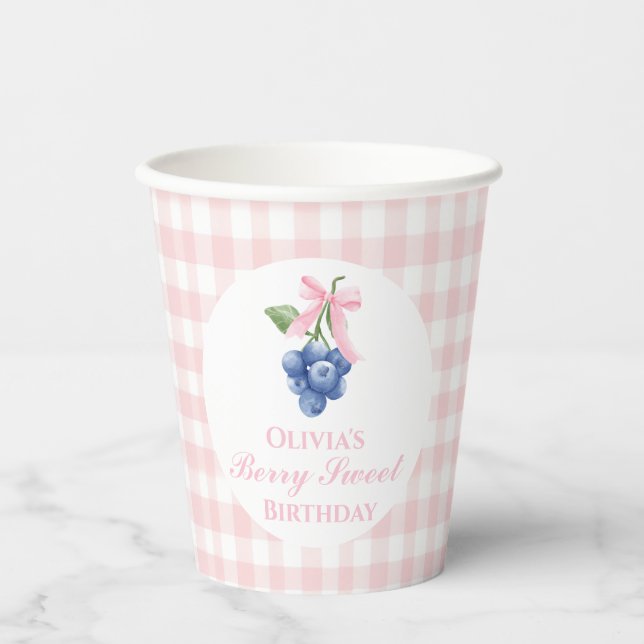 Berry Sweet Blueberry Geburtstag Pink Bow Gingham Pappbecher (Vorderseite)