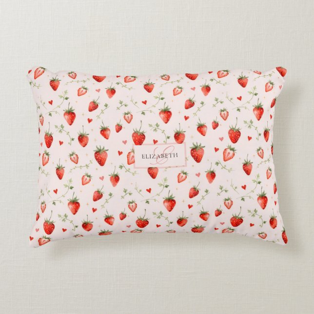 Berry Sweet Botanical Pink Hearts Monogramm Dekokissen (Vorderseite)