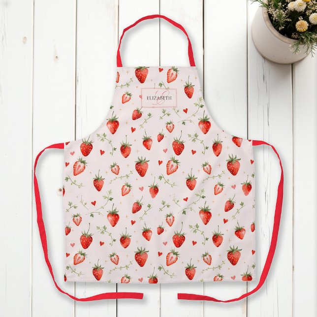 Berry Sweet Botanical Pink Hearts Monogramm Schürze (strawberry apron monogram personalized name birthday baby shower christmas mother gift)