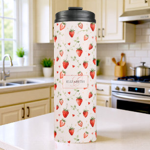 Berry Sweet Botanical Pink Hearts Monogramm Thermosbecher