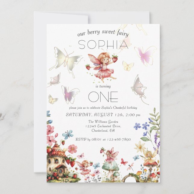 Berry Sweet Fairy Magic Strawberry Garden Geburtst Einladung (Vorderseite)