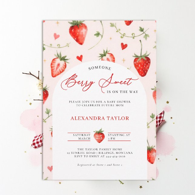 Berry Sweet Farmhouse Art Watercolor Baby Shower Einladung (berry sweet baby shower invitation fruit strawberry theme art watercolor garden arch farmhouse)