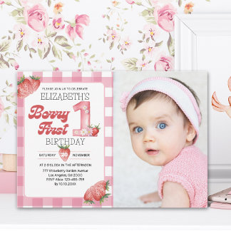 Berry Sweet First Birthday Photo – Straberry party Einladung