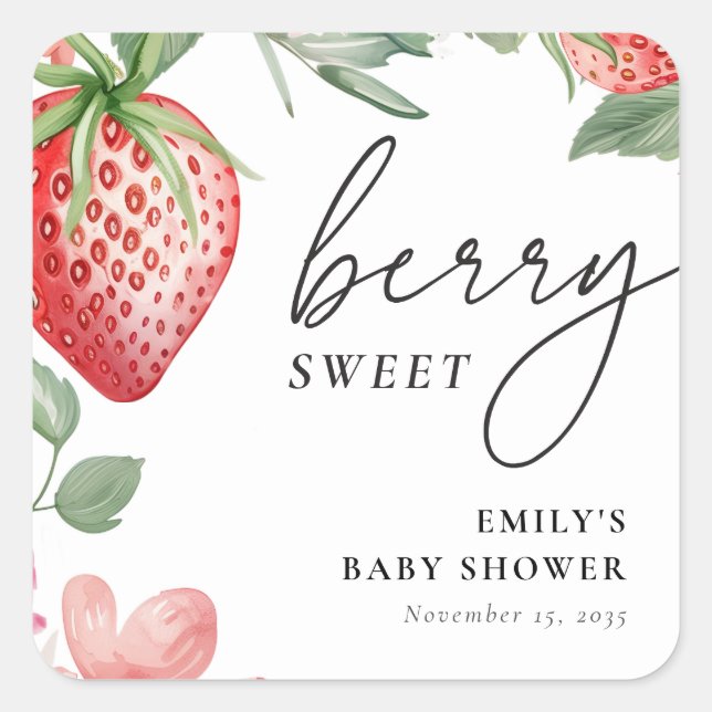 Berry Sweet Floral Baby Dusche Quadratischer Aufkleber (Vorderseite)