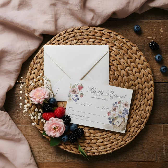 Berry Sweet Floral & Berry Basket Baby Dusche RSVP Karte (Berry Sweet Floral & Berry Basket Baby Shower RSVP Card)