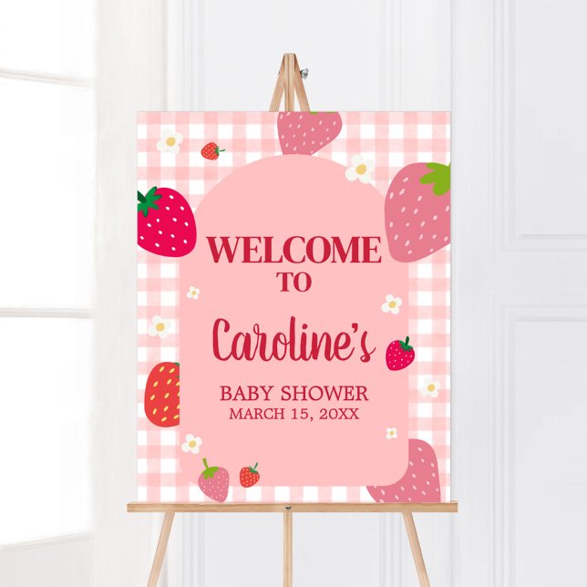 Berry Sweet Gingham Strawberry Baby Dusche Willkom Poster (Gingham Strawberry Berry Sweet Baby Shower Welcome Sign)