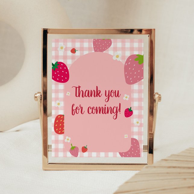 Berry Sweet Gingham Strawberry Danke für die Arbei Poster (Gingham Strawberry Berry Sweet Baby Shower Thank you for Coming Sign)