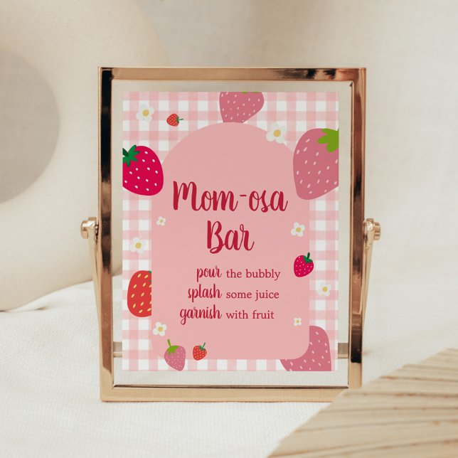 Berry Sweet Gingham Strawberry Mama Osa Bar Poster (Gingham Strawberry Berry Sweet Baby Shower Mom Osa Bar Sign)