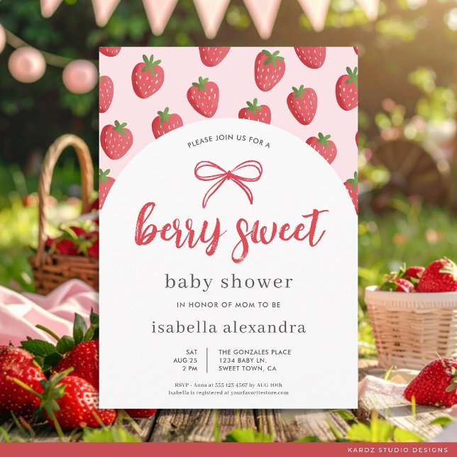 Berry Sweet Girl Pink Bow Strawberry Baby Dusche Einladung (Front of card is shown in 5 x 7 inches. Choose corner style, size and paper style.)