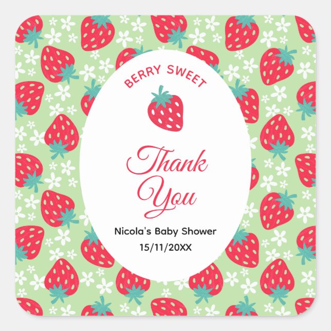 Berry Sweet Green Strawberry Baby Shower Quadratischer Aufkleber (Vorderseite)