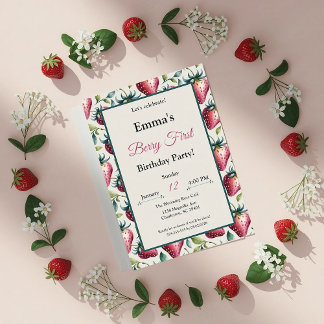 Berry Sweet Pastel Strawberry Green Rahmen Geburts Einladung