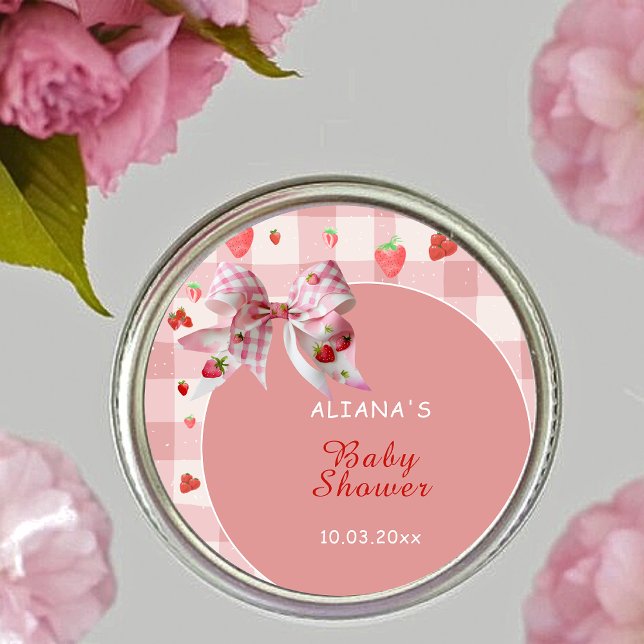 Berry Sweet Pink Checkered Coquette Baby Dusche Runder Aufkleber (Von Creator hochgeladen)