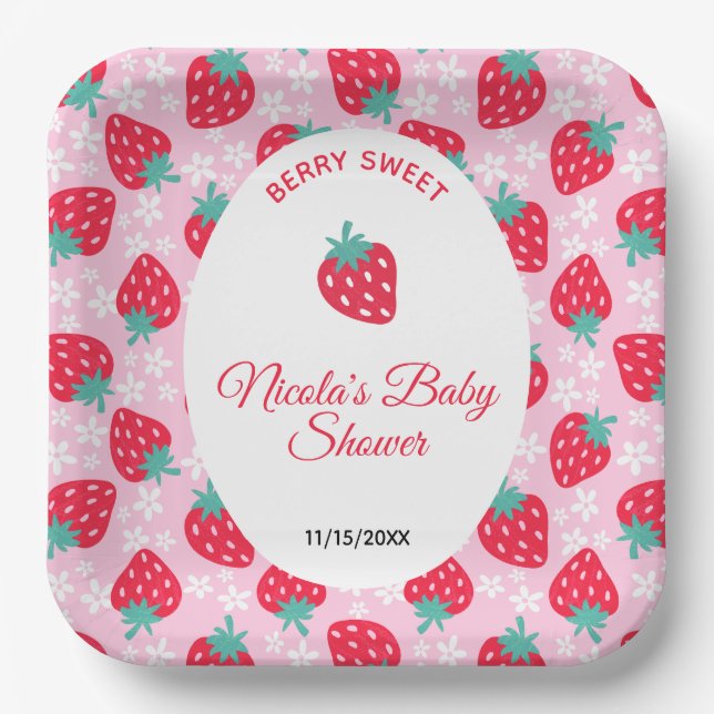 Berry Sweet Pink Strawberry Baby Shower Pappteller (Vorderseite)