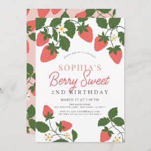 Berry Sweet Pink Strawberry Floral 2. Geburtstag Einladung