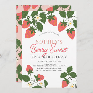 Berry Sweet Pink Strawberry Floral 2. Geburtstag Einladung