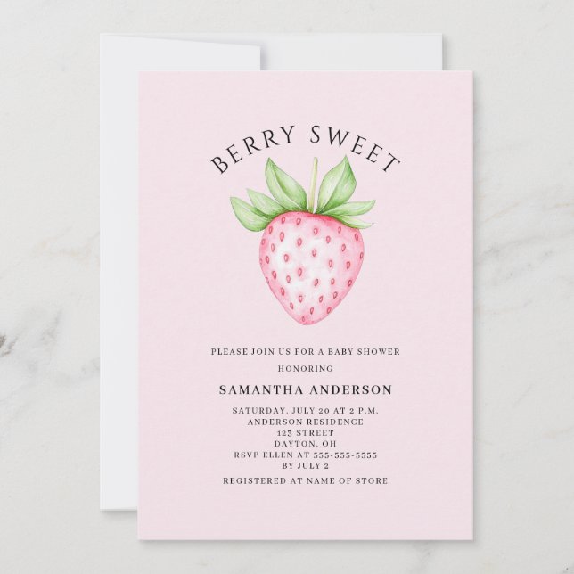 Berry Sweet Pink Strawberry Girl Baby Shower Einladung (Vorderseite)